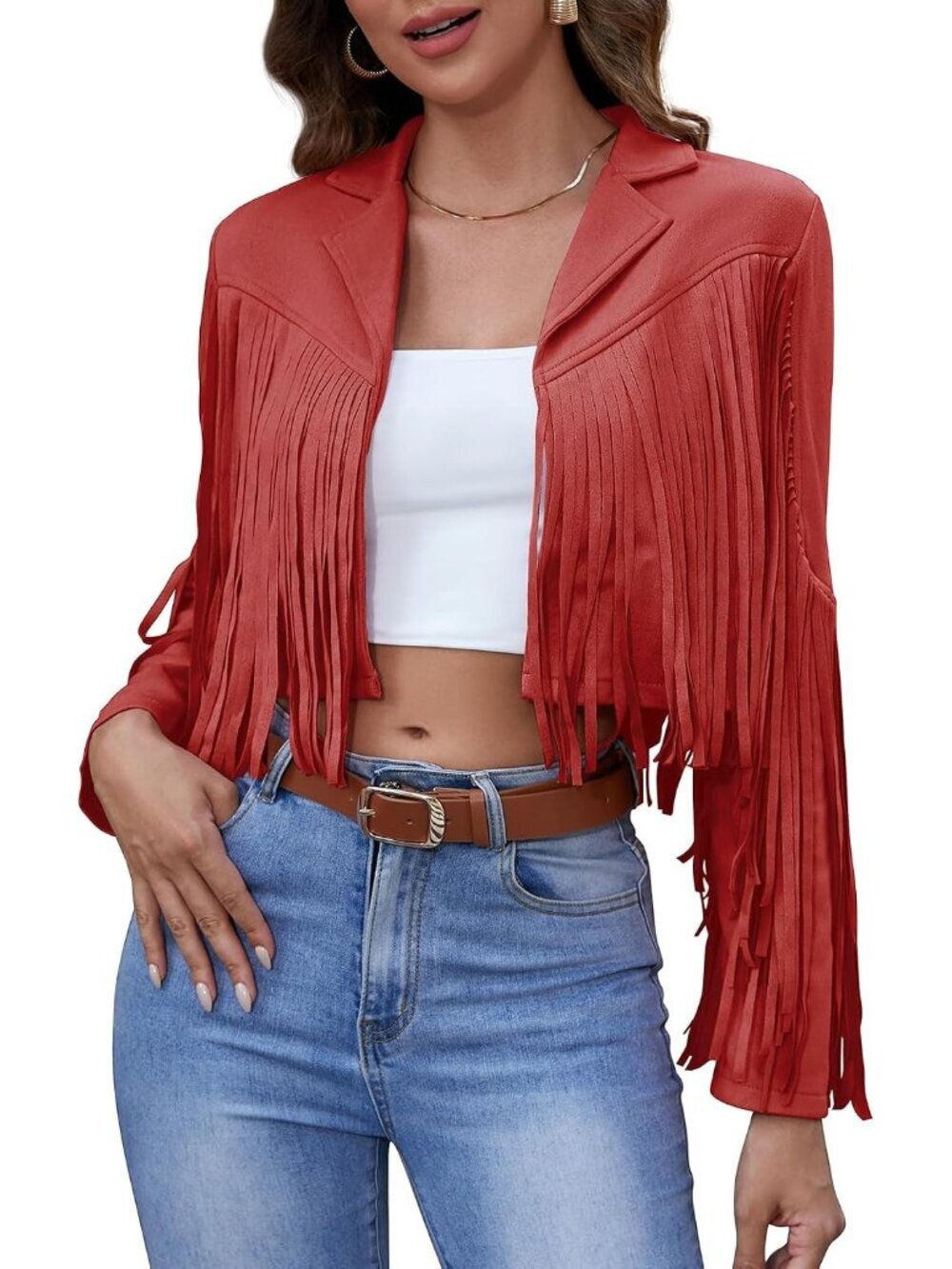 Women's Red Casual Fringe Tops Tassel Faux Suede Cropped Motorcycle Jacket